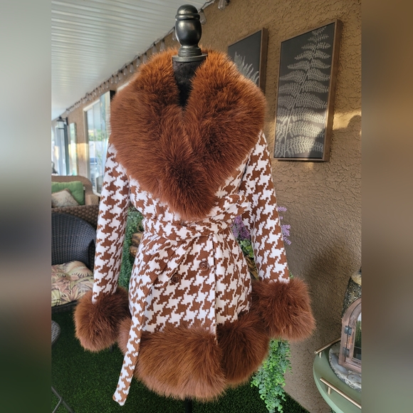 Brown Houndstooth Faux Fur Trim Coat - Picture 1 of 14